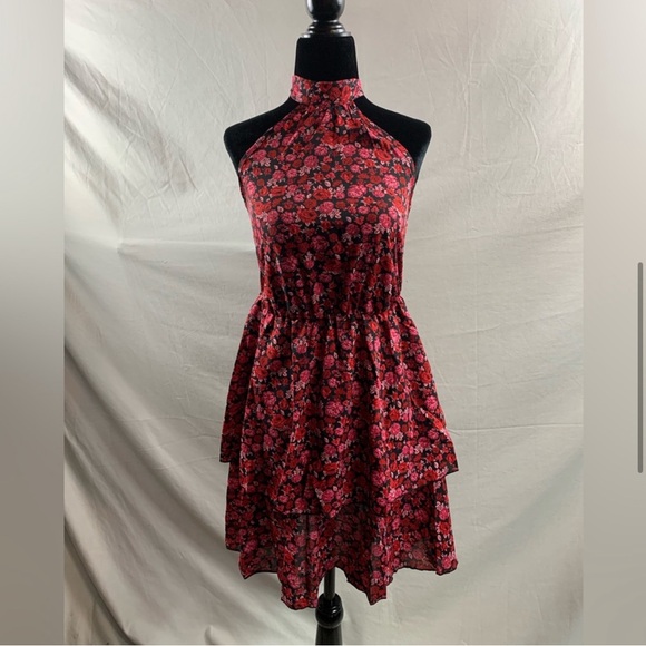 Rose Floral Print Layered Ruffle Hem Belted Halter Dress - Picture 4 of 5